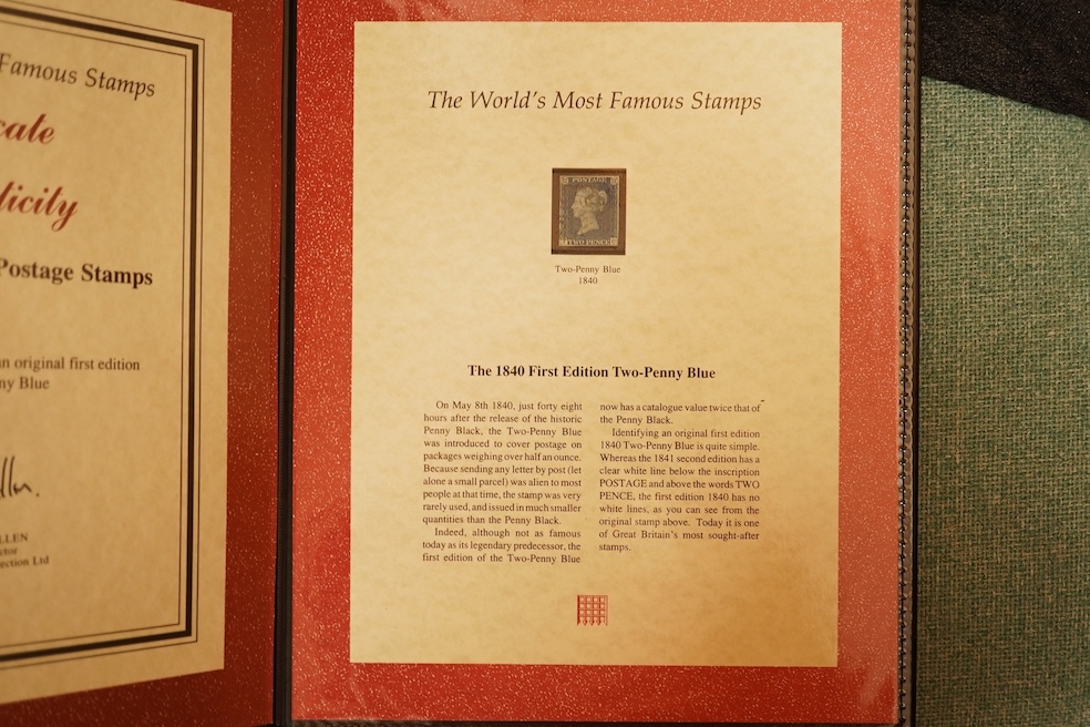 A collection of six 19th century stamps to include 1840 First Edition Two-Penny Blue, 1841 Two-Penny Blue in unused condition, 1841 used Two-Penny Blue, 1840 used Penny Black, 1841 Imperforate Penny Red and 1858-1870 Per